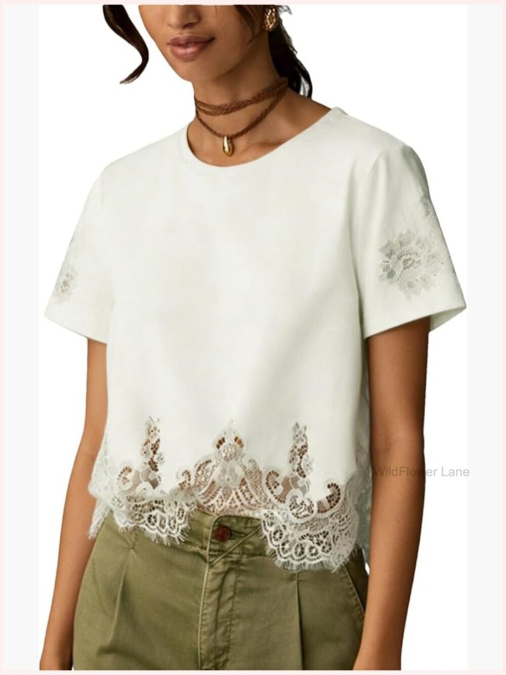 Cropped Lace Top Short Sleeve Crew Neck Blouse Lace Trim Casual Loose Summer